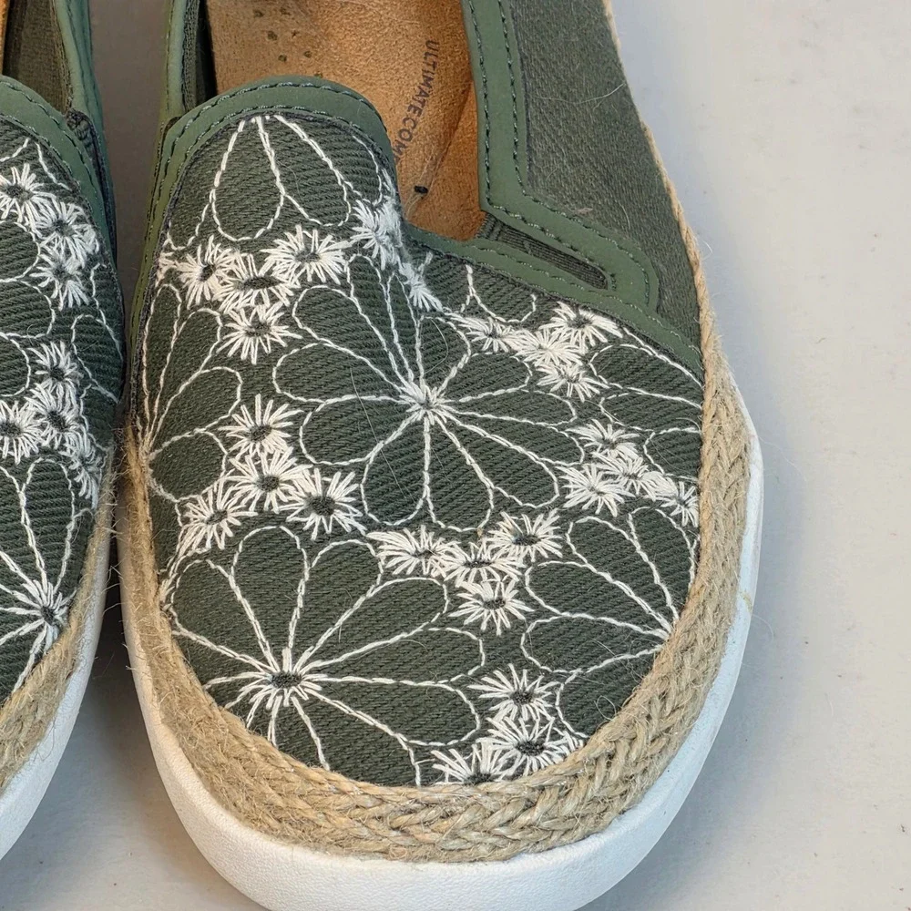 Clarks Collection Slip Ons Womens 7 Olive Green Floral Embroidered Espadrille‎